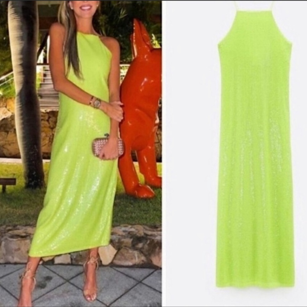 NWT Zara Lime Green Sequin Sheath Midi Dress Size Large